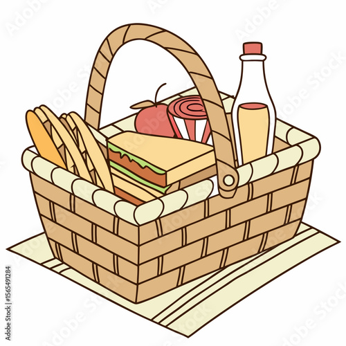 Wicker basket filled with food and drink for outdoor meal picnic basket sandwich