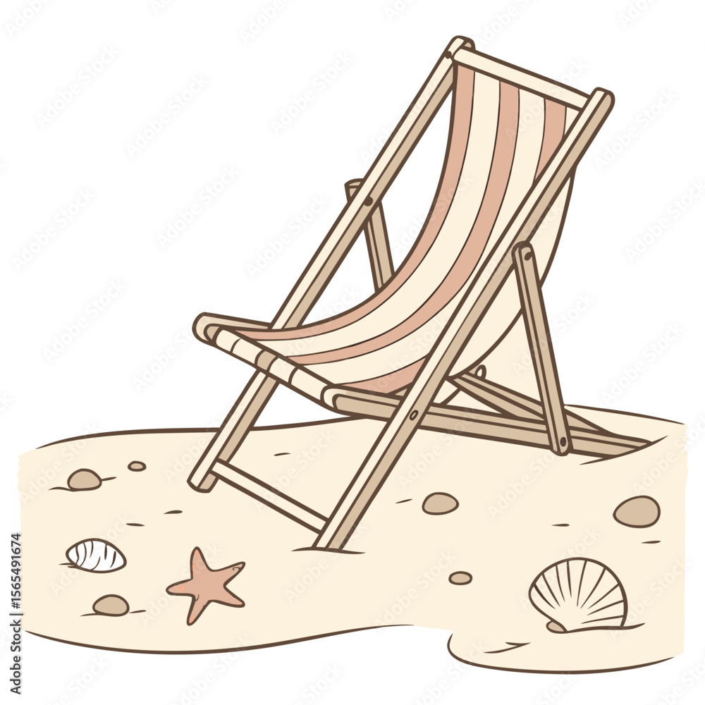 Fototapeta premium Striped beach chair on sand with shells and starfish vector