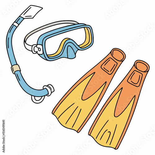 Blue snorkel mask and orange swim fins swimming diving