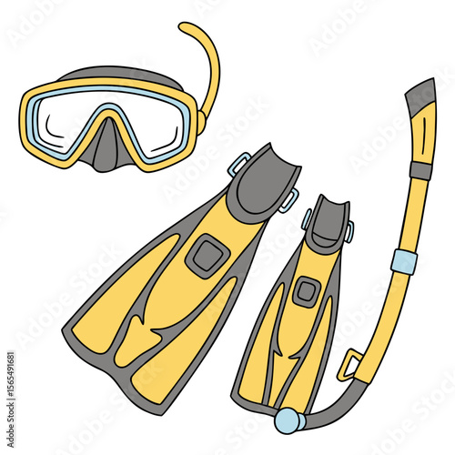 Yellow snorkel mask and fins for diving and swimming vector