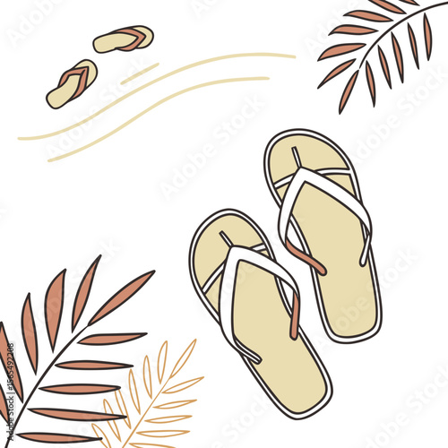 Beige flip flops with white straps and palm leaves sandals beachwear