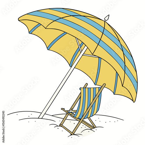 Yellow blue striped beach umbrella and chair on sand summer