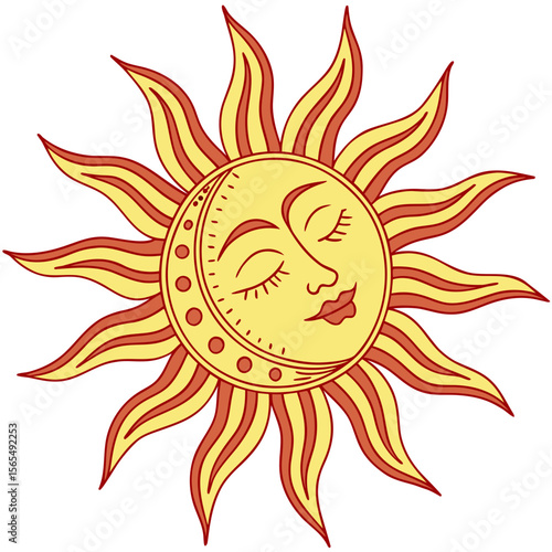 Celestial sun face with moon crescent and radiating rays cosmic