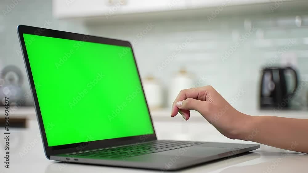 Hand touching laptop screen with green chroma key background in modern kitchen setting, possible for video editing Hand touching laptop screen with green chroma key background in modern kitchen setting, possible for video editing