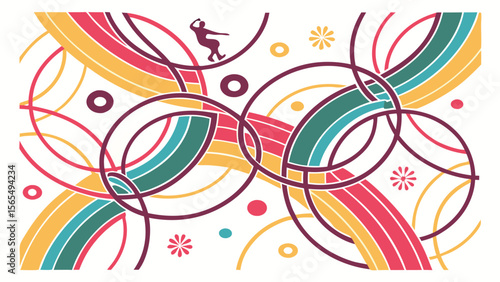 Abstract retro design with circles and rainbow colors vector art graphic illustration and dancer silhouette vector