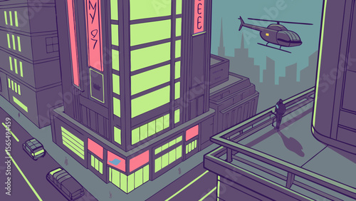 Cityscape illustration with helicopter and skyscrapers in urban environment design style scene art