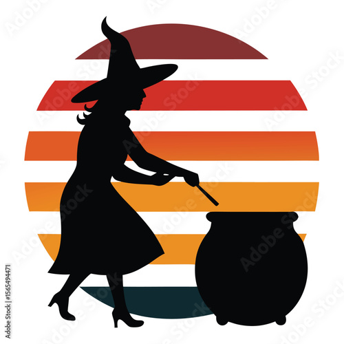 Retro Sunset Witch Brewing Potion Silhouette