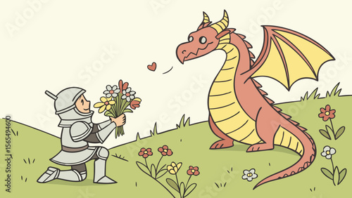 Knight offers flowers to dragon illustration fantasy art fairytale scene storybook vector image drawing