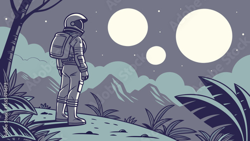 Astronaut exploring alien planet landscape with moons and vegetation vector illustration design concept