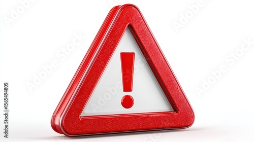 Warning sign with exclamation mark, red on white isolated background