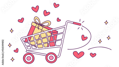 Valentine's day shopping cart with gifts and hearts for love and romance online store promotion sale vector
