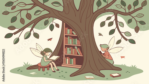 Fairy tale reading nook under a tree with books and fairies illustration for children and book lovers