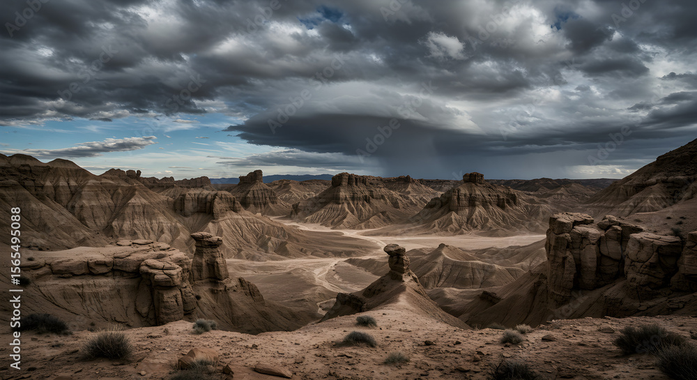 Fototapeta premium Dramatic landscape featuring canyons and rock formations under a stormy, cloudy sky.