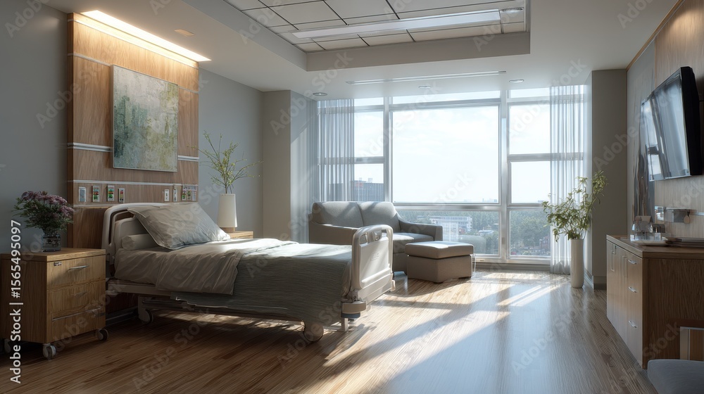 Explore the modern design of a hospital patient room with natural light Explore the modern design of a hospital patient room with natural light