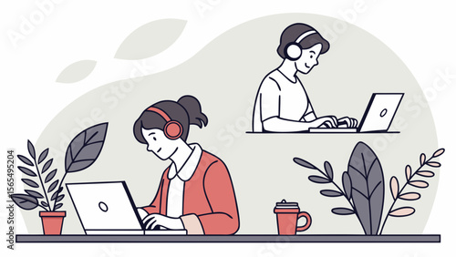 Remote work illustration of people working on laptops with headphones for online meetings and collaboration
