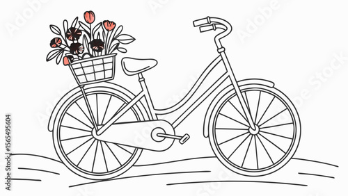 Vintage bicycle with flower basket vector illustration for coloring page and graphic design projects