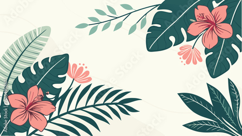 Tropical floral background vector with hibiscus flowers and palm leaves design for summer and spring 100