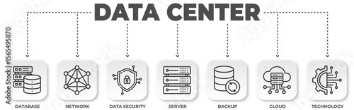 Infographic illustrating data center elements and concepts with icons and connecting lines, highlighting technology infrastructure