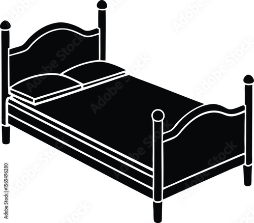 Bed Silhouette: A minimalist bedroom design with a stylish bed frame, pillows and a comforter. This versatile graphic is perfect for conveying sleep and relaxation themes. 