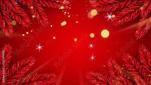 A warm and festive background with stylized red pine branches framing a vibrant red scene with soft glowing bokeh. Perfect for beautiful holiday messages or event announcements