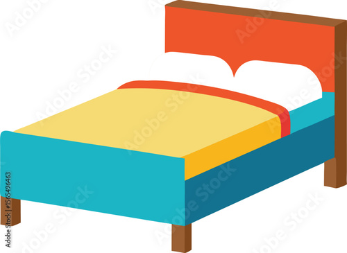 Cozy Bed Illustration: A simple yet inviting illustration of a bed with soft pillows, a colorful duvet, and a sturdy wooden frame, perfect for representing rest and comfort.