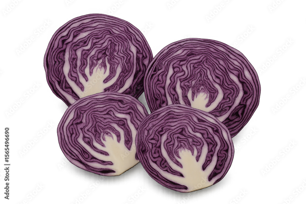 Fototapeta premium Four slices of red cabbage with vibrant purple and white concentric circles are displayed on a transparent background, ideal for food-related projects