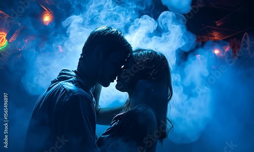 Couple embracing in the smoky haze of a night club. The silhouettes are illuminated by neon lights