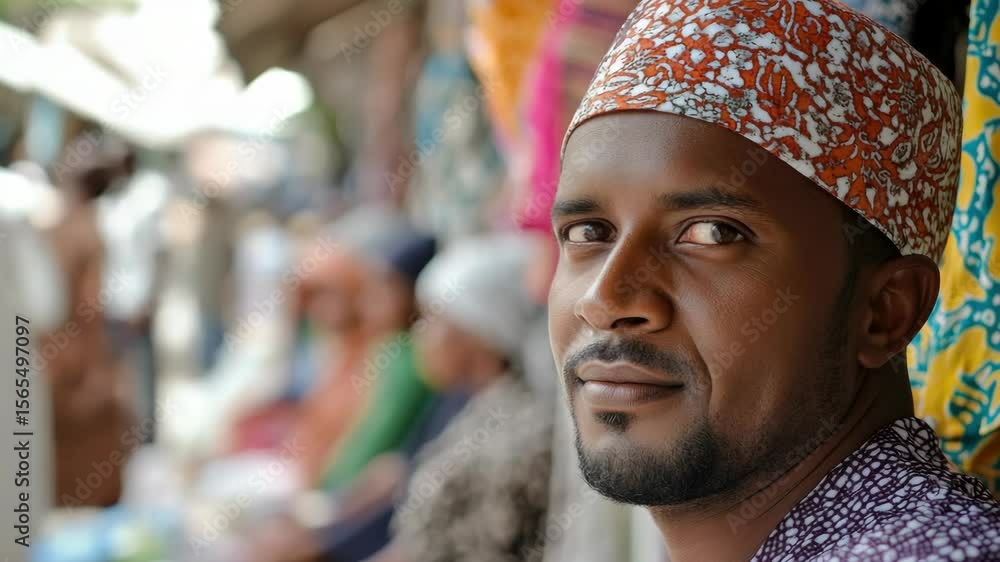 A man with a beard wearing an African headscarf looking at the camera, sitting among other people in a market setting. A man with a beard wearing an African headscarf looking at the camera, sitting among other people in a market setting.
