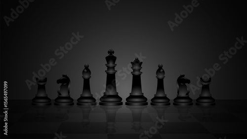 Chess pieces on chessboard design illustration, realistic vector of chess pieces, king, queen, bishop, knight, rook, and pawn with blank black background copy space for replacement text