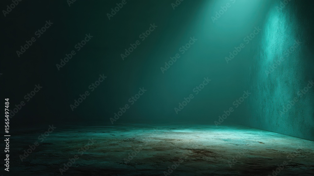 Fototapeta premium Banner, A dark green, empty room with a faint green light shining from the bottom right corner of frame. floor rough dirt and sand. dim glow of an unknown source kind of underwater rocks or ocean bed