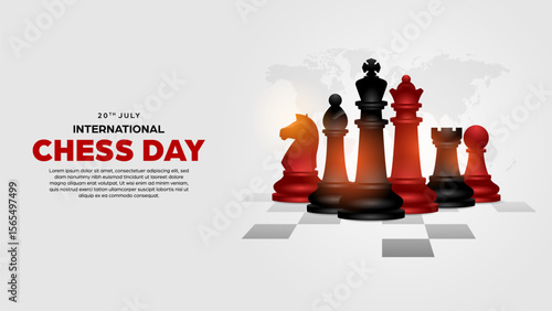 International chess day background illustration - realistic vector design of chess pieces, king, queen, bishop, knight, rook, and pawn with copy space for replacement text
