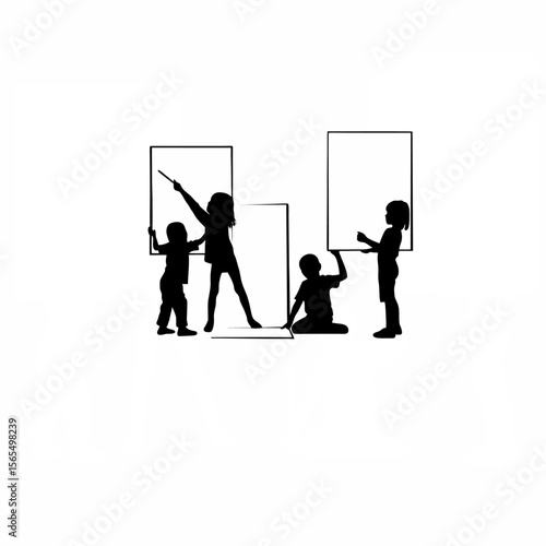 Silhouette of kids participating in an art class on white background
