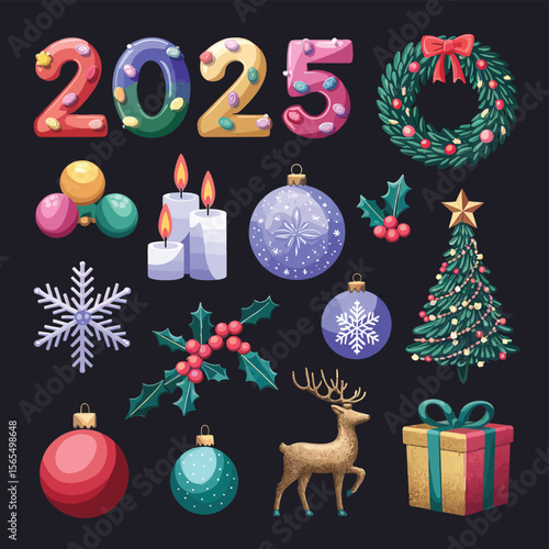 vector Happy New Year Celebrating 2025 in Latin letters , Christmas Decoration Items Santa Claus
