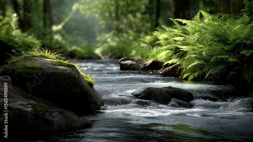 Serene River Amidst Lush Greenery with Soft Illumination