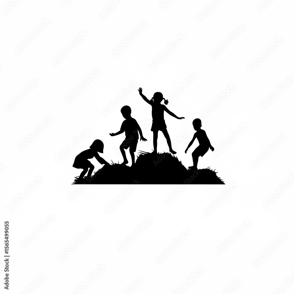 Obraz premium Silhouette of kids playing around a haystack on white background