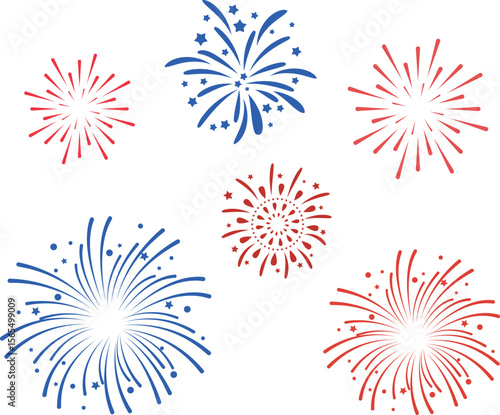 Red and blue fireworks burst collection, celebration elements for festive decoration