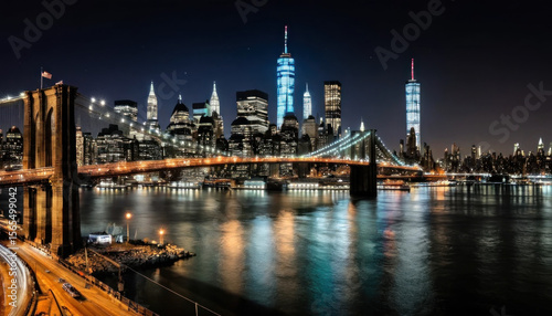 Night View of Manhattan Skyline with Brooklyn Bridge
