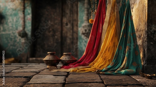 A picturesque scene of Indian ethnic wear displayed against a rustic backdrop