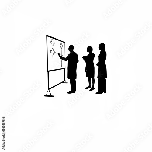 Silhouette of medical professionals discussing findings on a whiteboard on white background