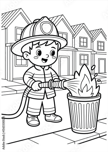 Cute cartoon firefighter boy spraying water on a fire in a trash can