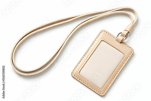 Blank beige leather ID card holder with lanyard, vertical orientation, isolated on white