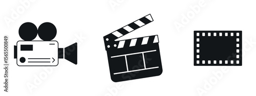 Film Production Icons Camera Clapperboard and Filmstrip