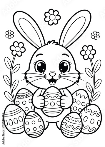 Cute cartoon easter bunny holding an egg surrounded by decorated easter eggs and flowers for coloring