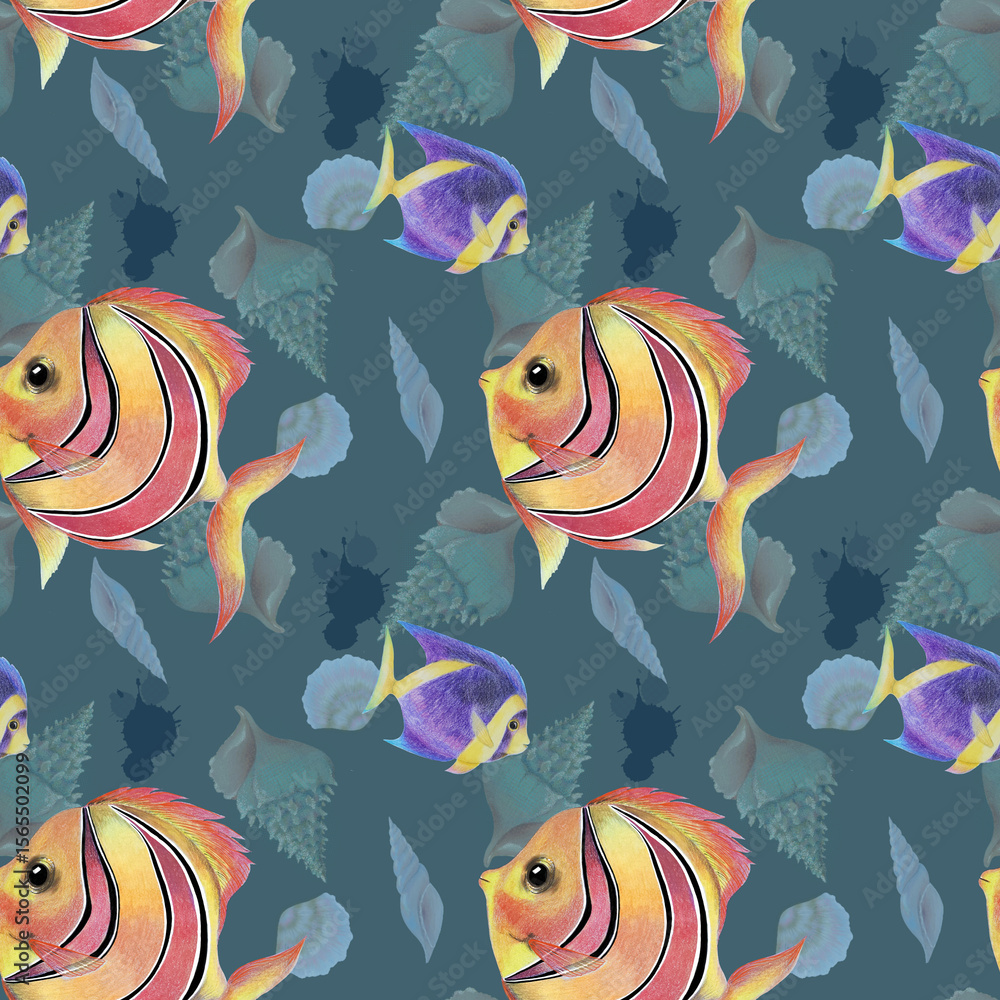 Naklejka premium Seamless pattern with splash, fishes and sea shell