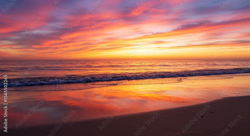 Obraz premium Serene Sunset Beachscape - A breathtaking sunset paints the sky with vibrant oranges, pinks, and purples, reflecting beautifully on the calm ocean waves and sandy beach