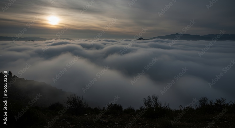 Obraz premium Sun Setting Over a Sea of Clouds - A breathtaking sunset view of a vast expanse of clouds, symbolizing mystery, serenity, vastness, tranquility, and ethereal beauty