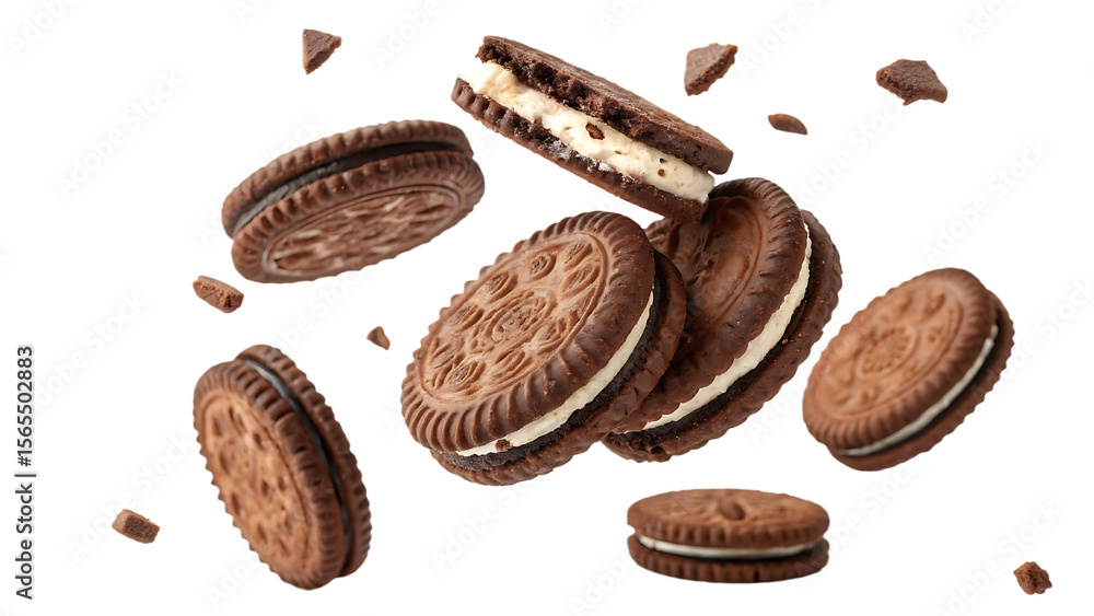 Flying falling chocolate sandwich cookies baked biscuits isolated on a white background PNG. AI GENERATED. Flying falling chocolate sandwich cookies baked biscuits isolated on a white background PNG. AI GENERATED.