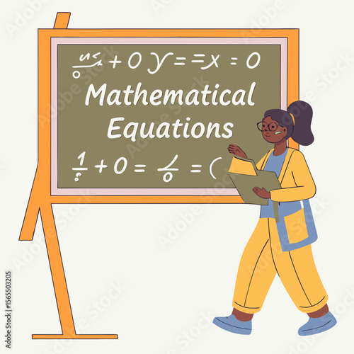 Woman teaching mathematical equations on blackboard