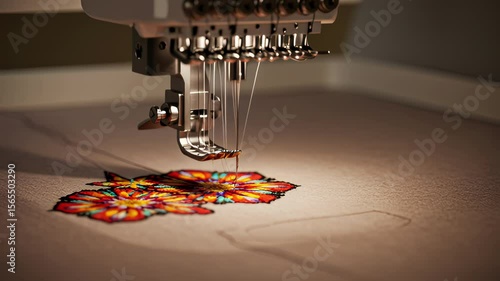 Close up of embroidery machine sewing colorful floral design on fabric, textile art creation,