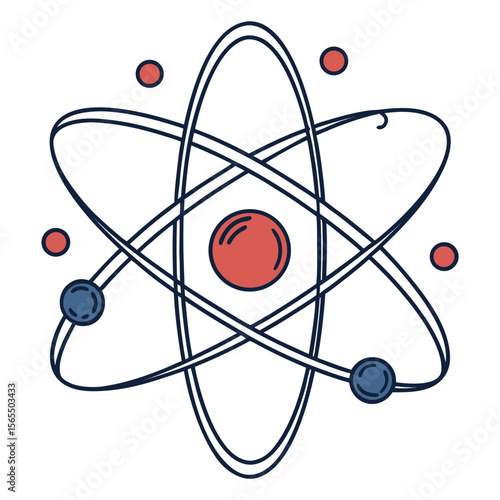 Atomic structure orbits with red and blue spheres electrons